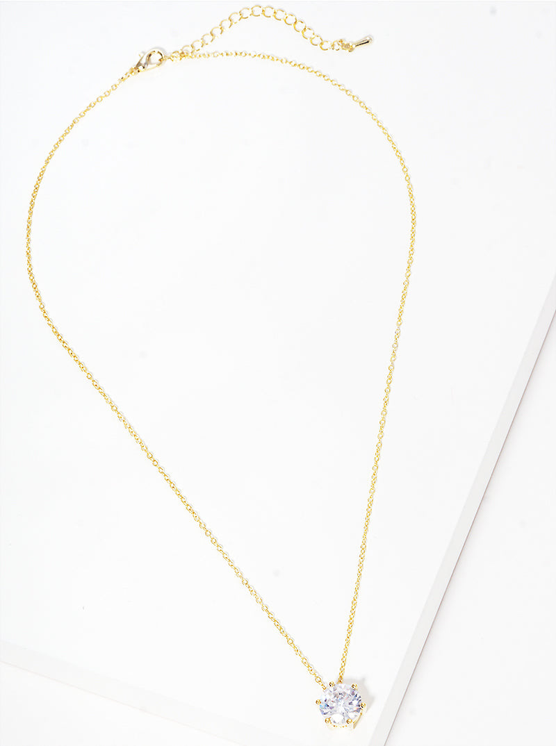 18K Gold Dipped 6-Prong Crown 10mm CZ Pendant Brass Necklace