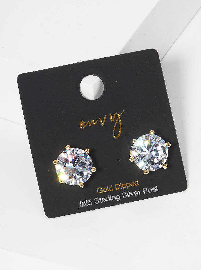 18K Gold Dipped 6-Prong Crown 10mm CZ Sterling Silver Post Stud Earrings