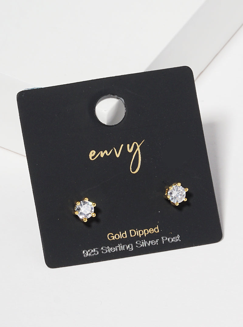 18K Gold Dipped 6-Prong Crown 4mm CZ Sterling Silver Post Stud Earrings