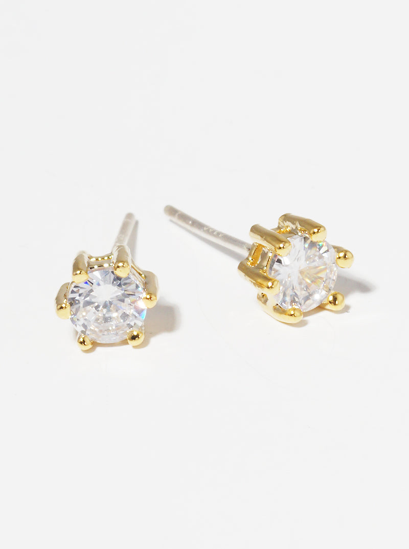 18K Gold Dipped 6-Prong Crown 4mm CZ Sterling Silver Post Stud Earrings