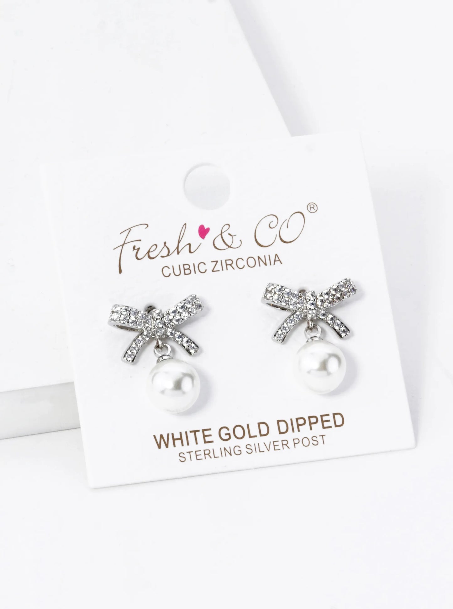 18K Gold Dipped 7mm Pearl Drop Micro Pave Set Cubic Zirconia Ribbon Bow Dangle Post Earrings