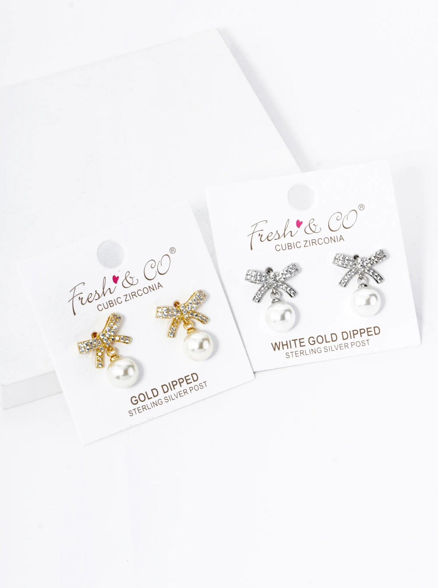 18K Gold Dipped 7mm Pearl Drop Micro Pave Set Cubic Zirconia Ribbon Bow Dangle Post Earrings