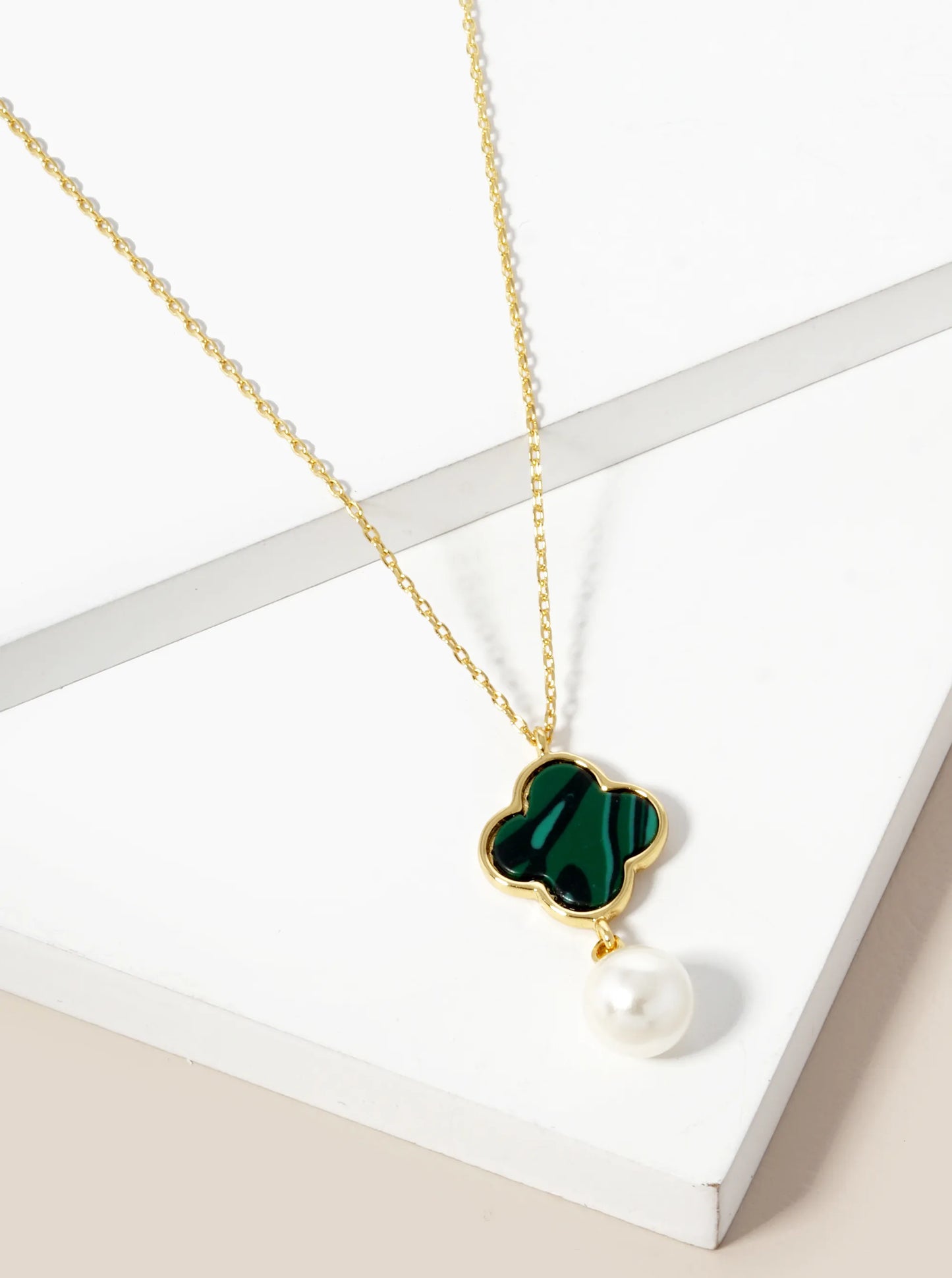 18K Gold Dipped 7mm Pearl Drop Quatrefoil Pendant Necklace