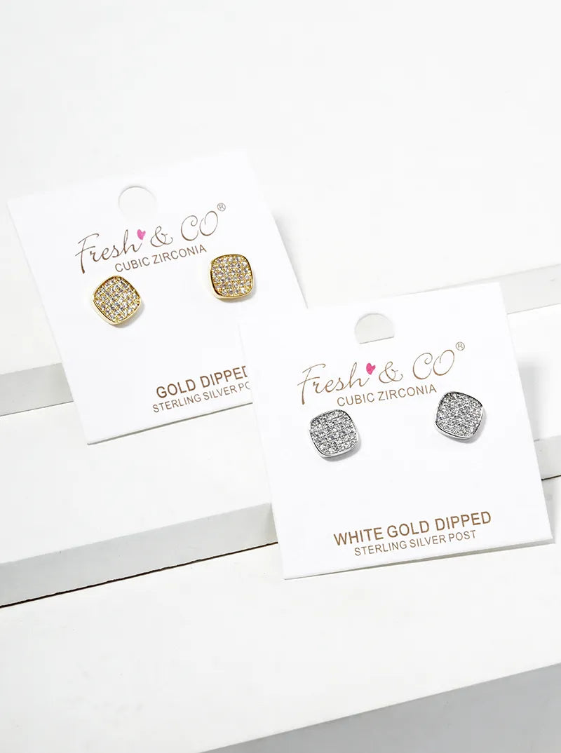 18K-Gold-Dipped 8mm CZ Pave Rounded-Square Post Stud Earrings