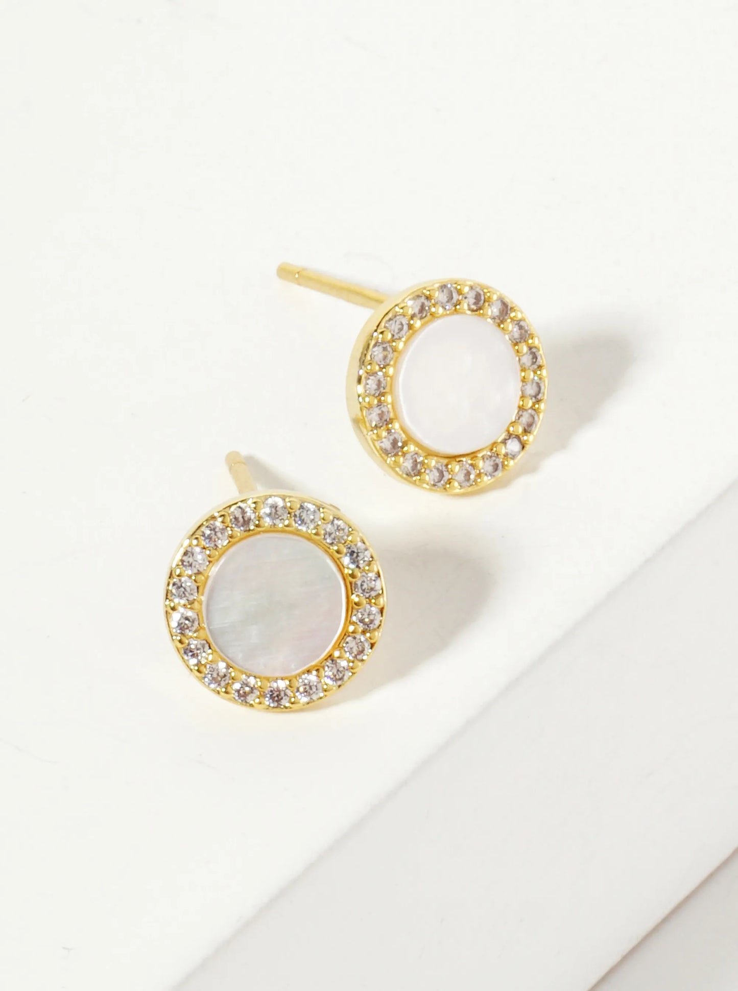 18K Gold-Dipped 8mm Mother-of-Pearl Stud Earrings With Pave CZ Frame