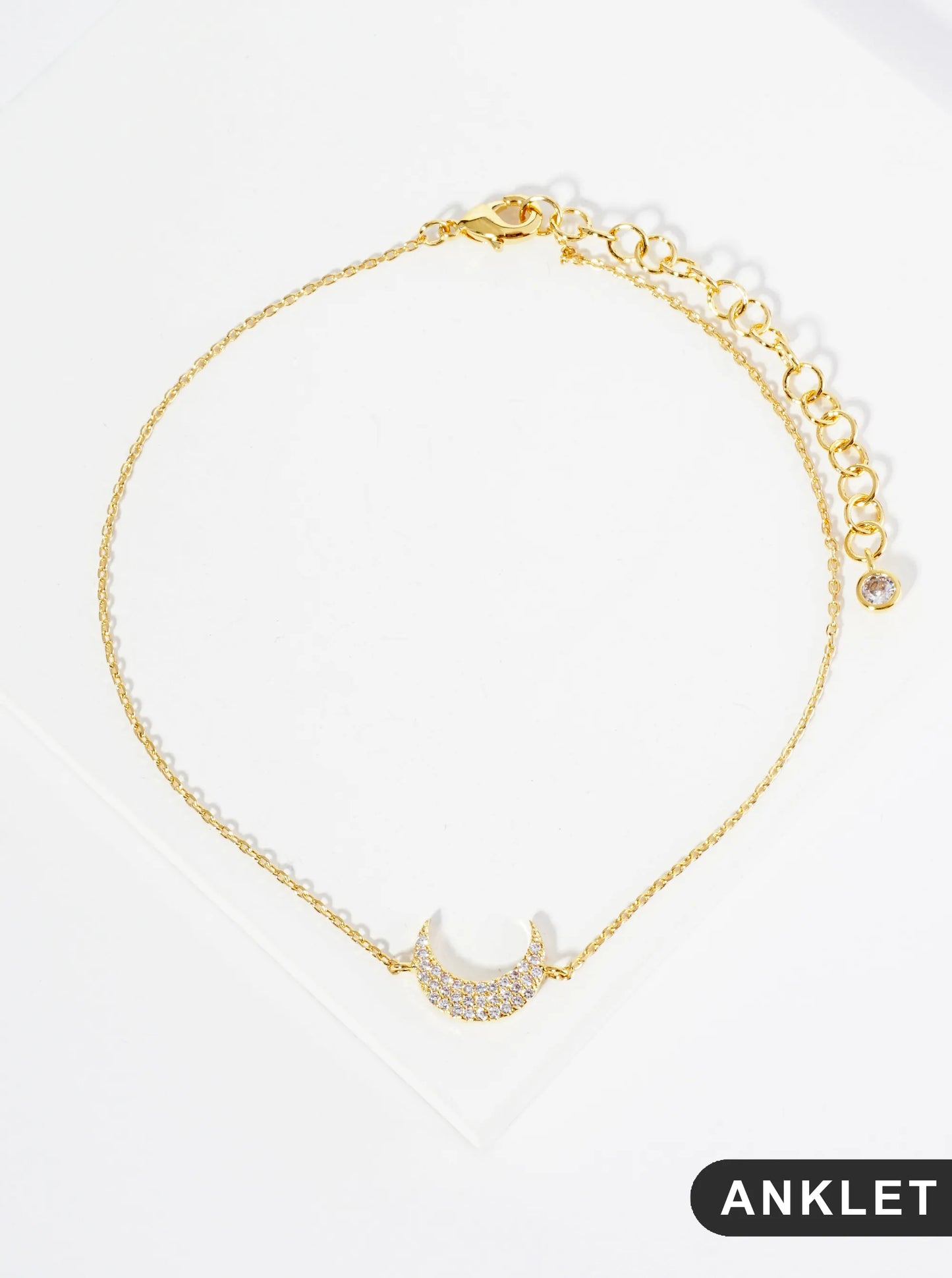18K Gold Dipped 9mm Cubic Zirconia Pave Crescent Moon Brass Chain Anklet