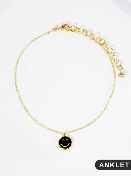 18K Gold Dipped 9mm Enamel Smiley Face Charm Brass Chain Anklet