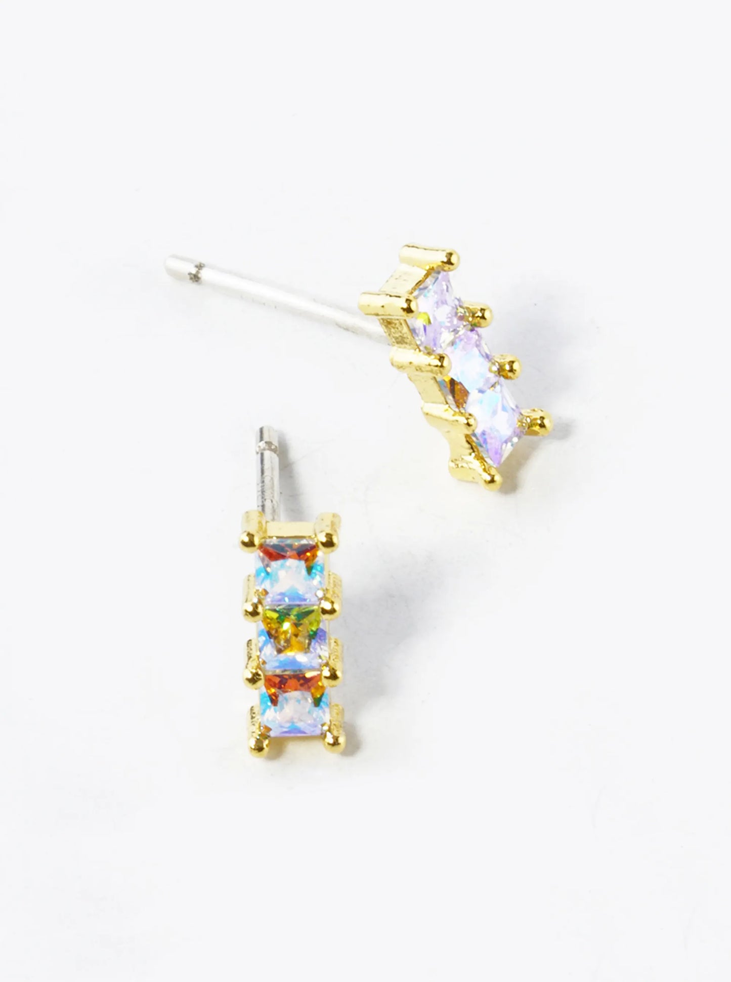 18K Gold Dipped Aurora Borealis Stones Mini Bar Stud Earrings