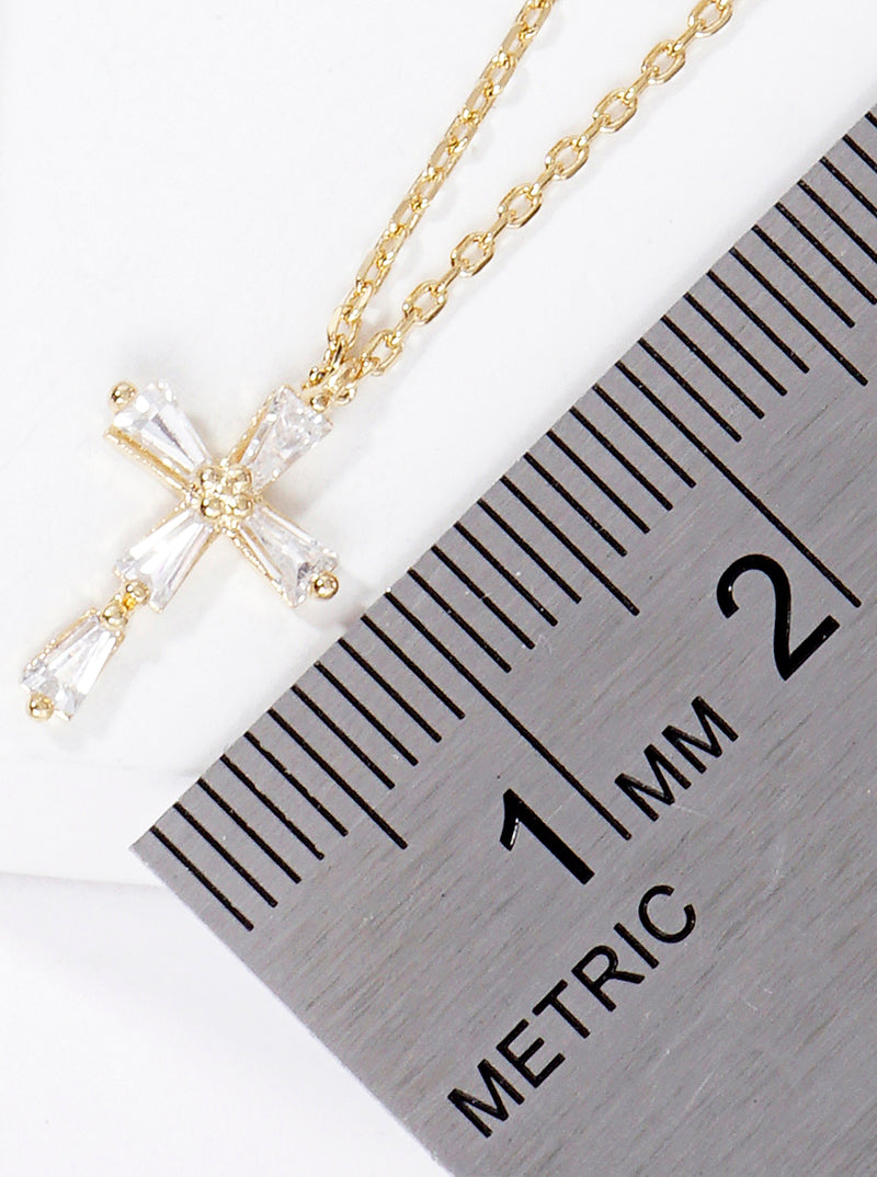 18K Gold Dipped Baguette CZ Cross Pendant Delicate Necklace