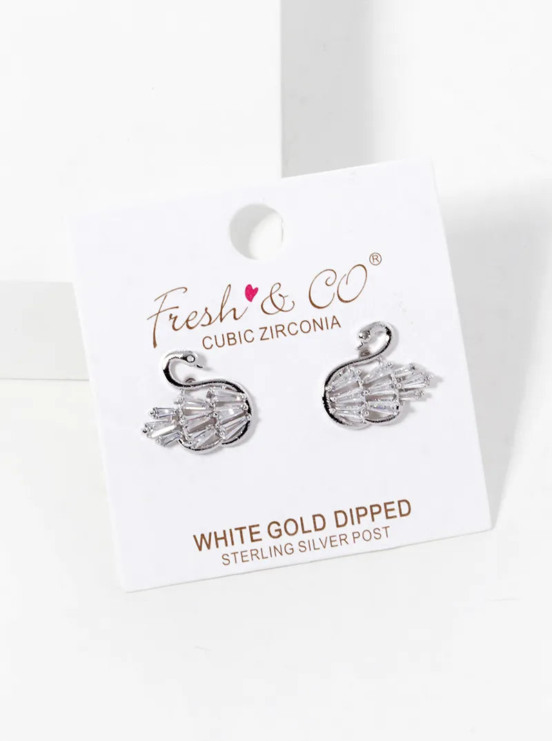18K-Gold-Dipped Baguette CZ Pave Swan Post Stud Earrings