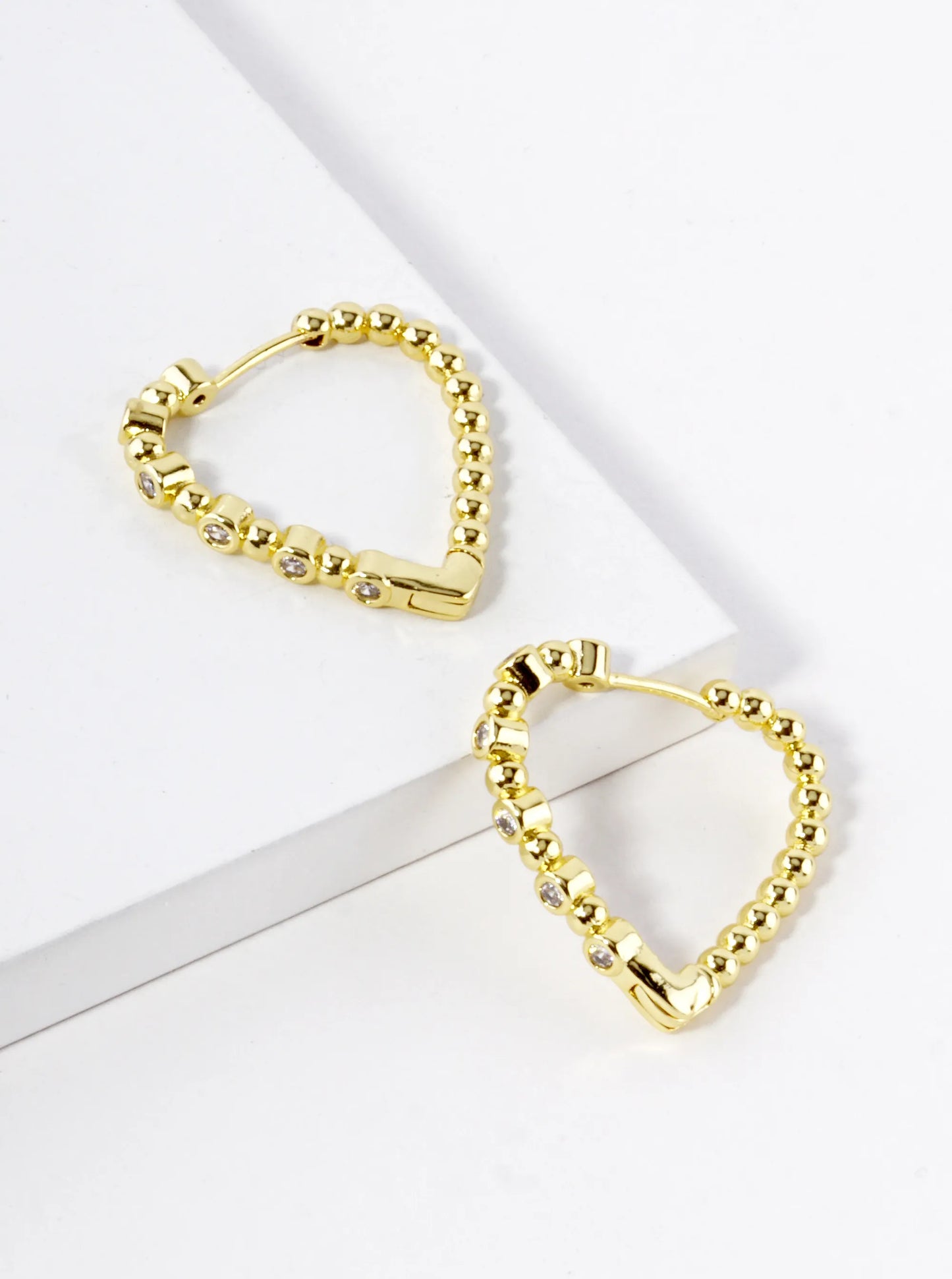 18K Gold Dipped Ball Textured CZ Stone 25mm Heart Hoop Earrings