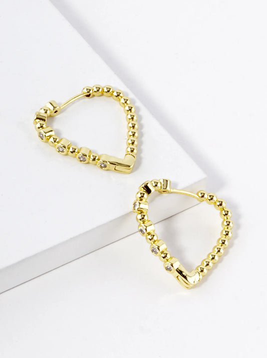 18K Gold Dipped Ball Textured CZ Stone 25mm Heart Hoop Earrings