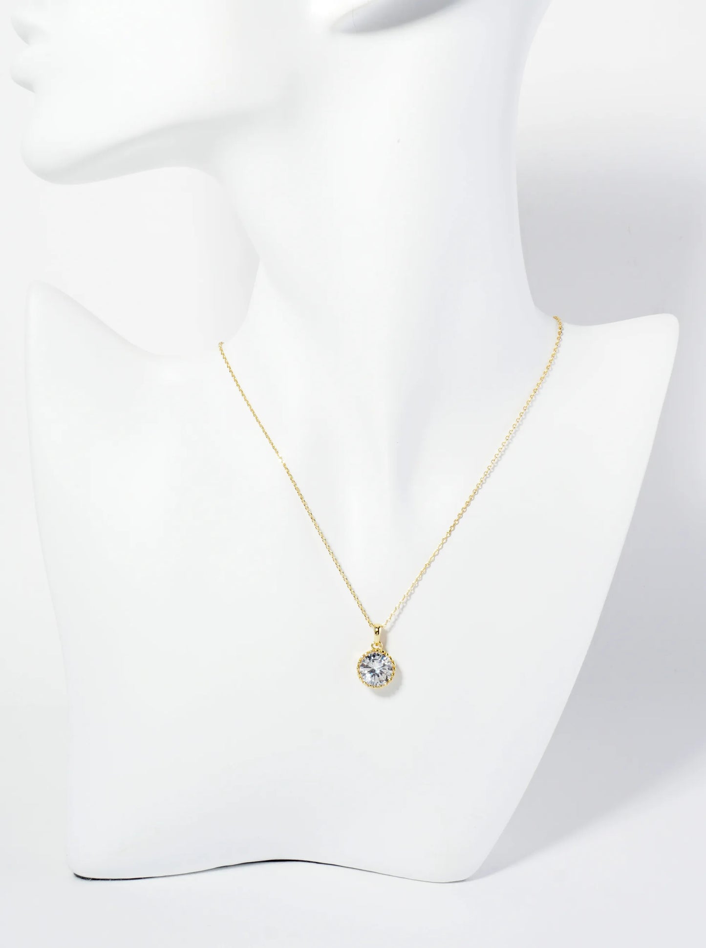 18K Gold Dipped Ball Textured Encased In Brass 10mm CZ Round Stone Pendant Necklace