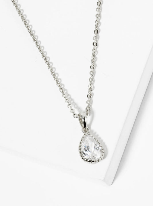 18K Gold Dipped Ball Textured Encased In Brass 10mm CZ Teardrop Stone Pendant Necklace