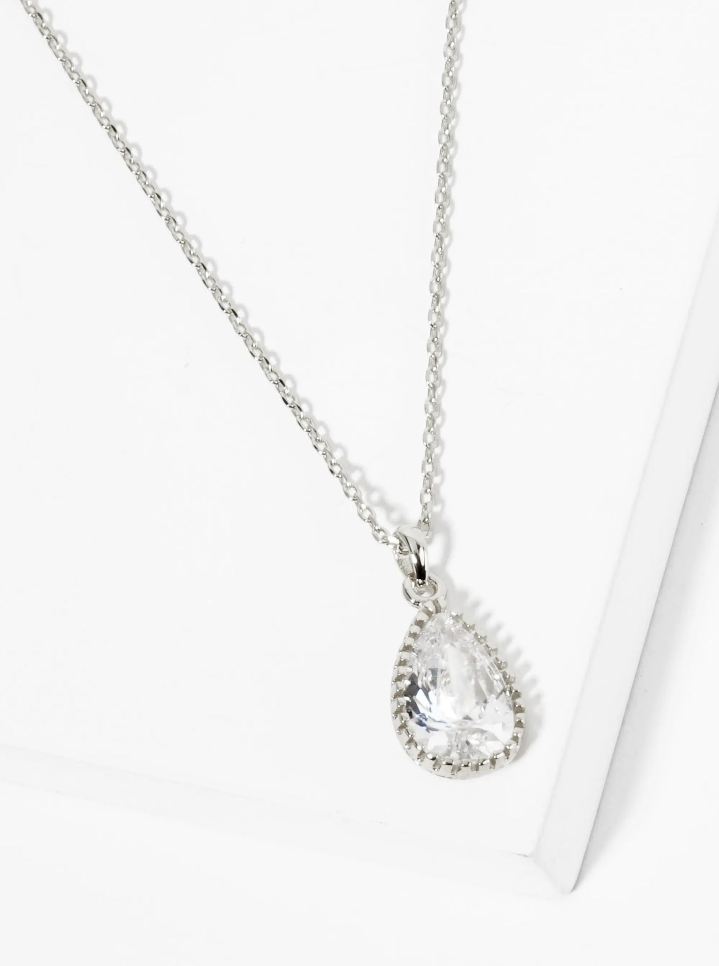 18K Gold Dipped Ball Textured Encased In Brass 12mm CZ Teardrop Stone Pendant Necklace