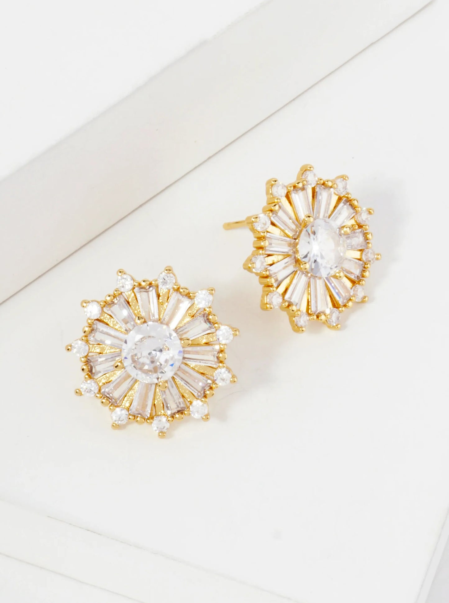 18K-Gold-Dipped Brass Round Stud Earrings With Various-Shaped CZ-Stones
