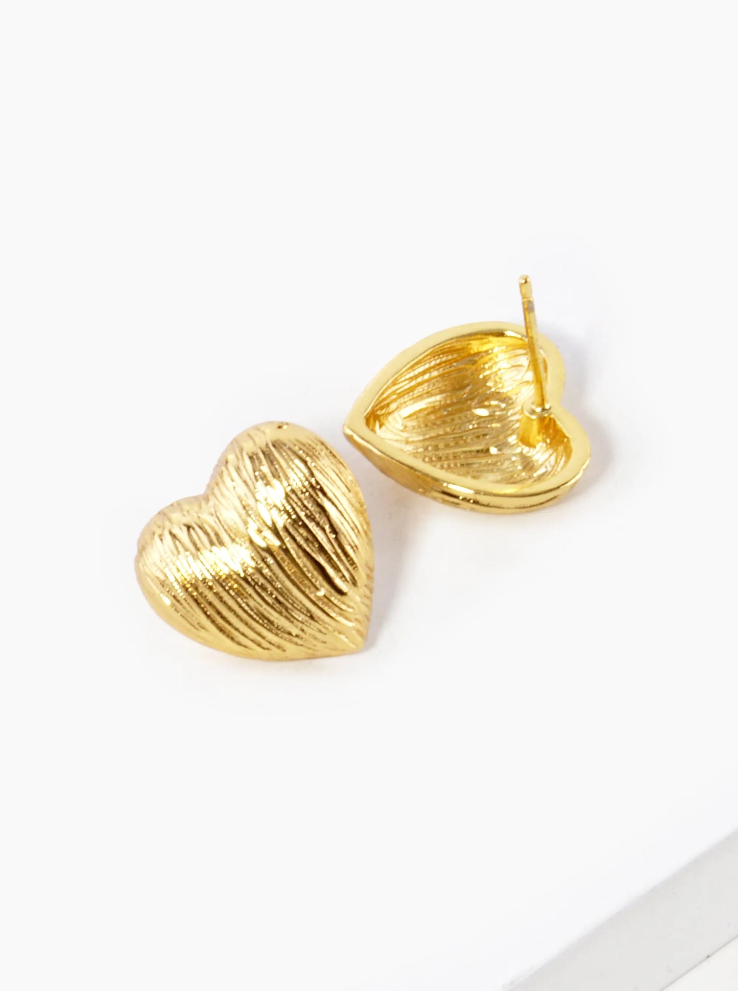 18K Gold Dipped Brushed Brass 13mm Puffy Heart Stud Earrings