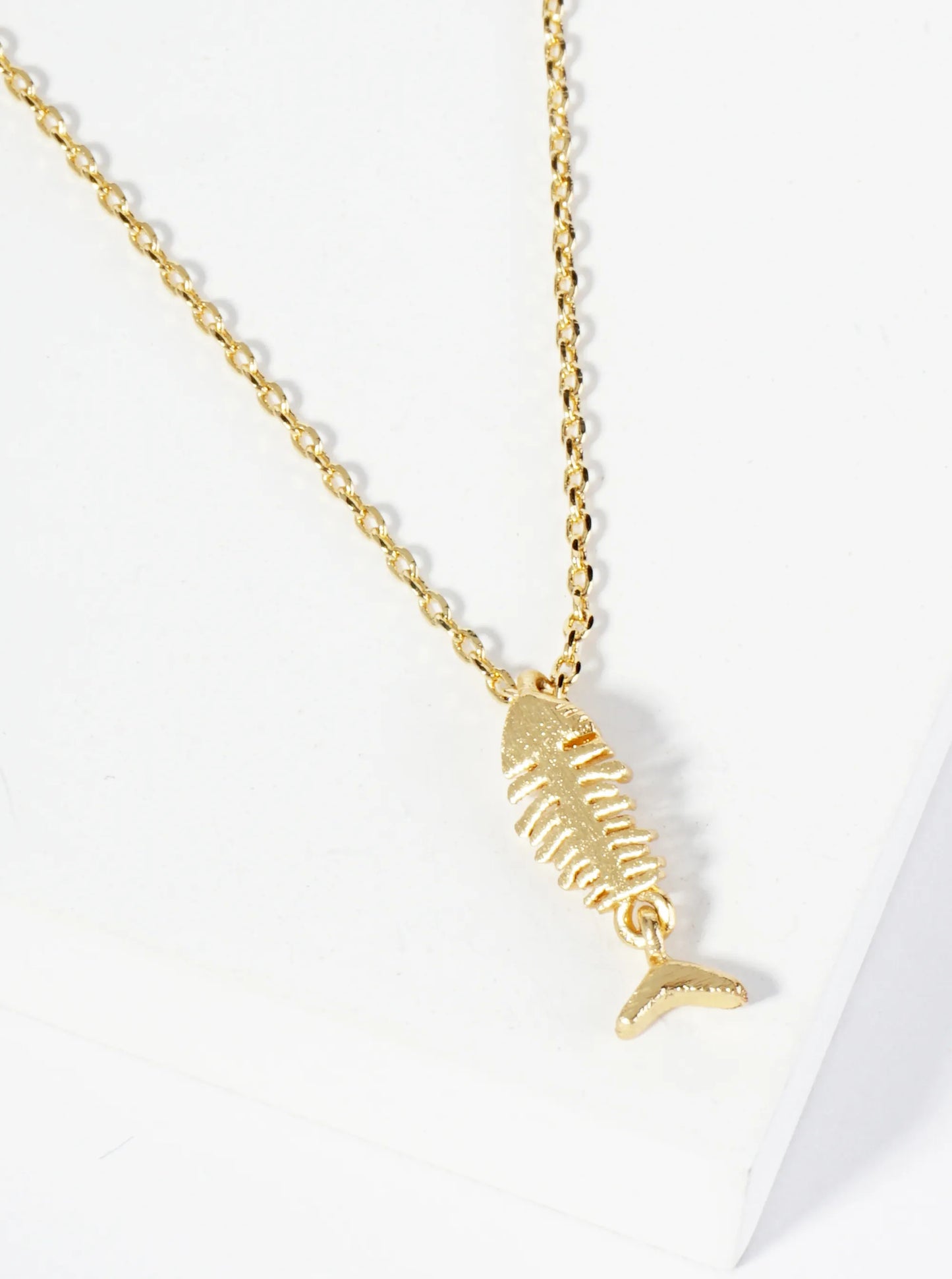 18K Gold Dipped Brushed Brass Fishbone Pendant Necklace