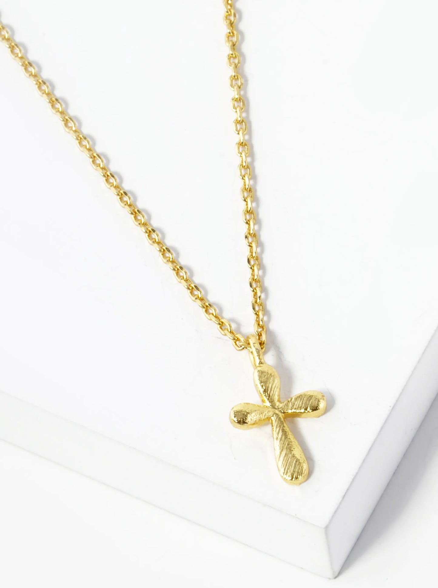 18K Gold Dipped Brushed Tiny Brass Cross Pendant Necklace