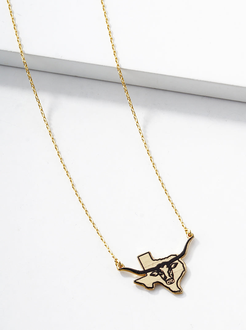 White Gold Dipped Bull Head Texas State Pendant Necklace