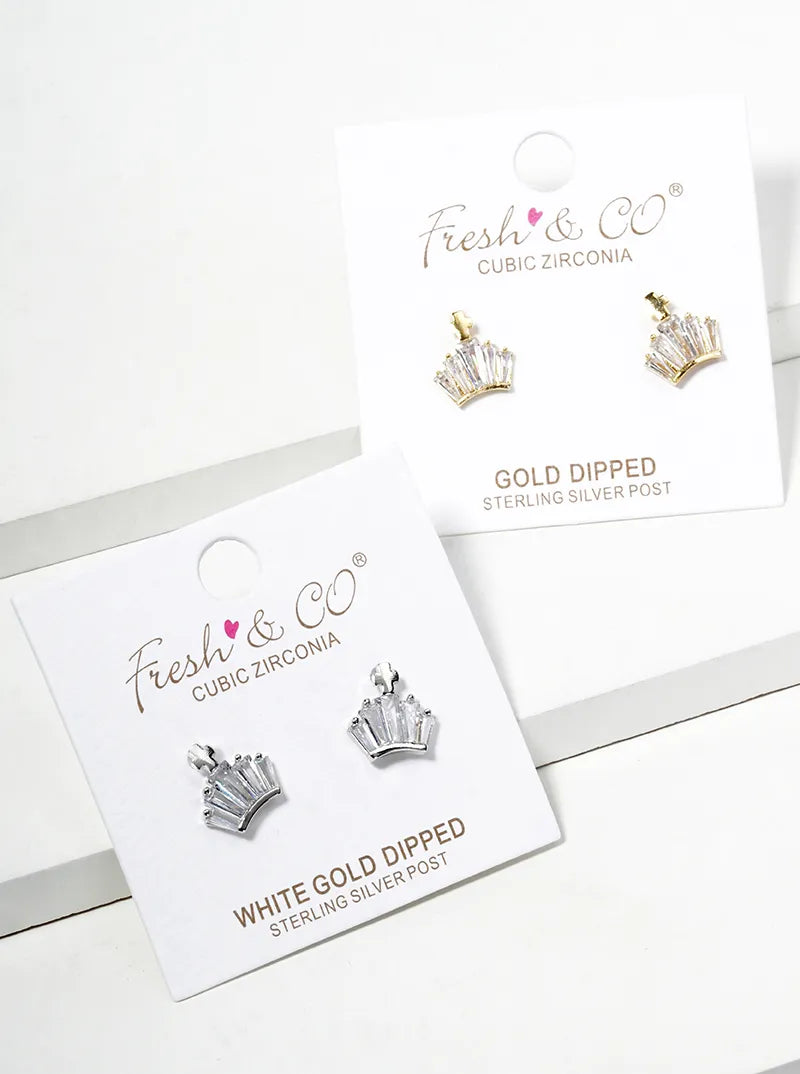 18K Gold Dipped CZ Cross Crown Post Stud Earrings