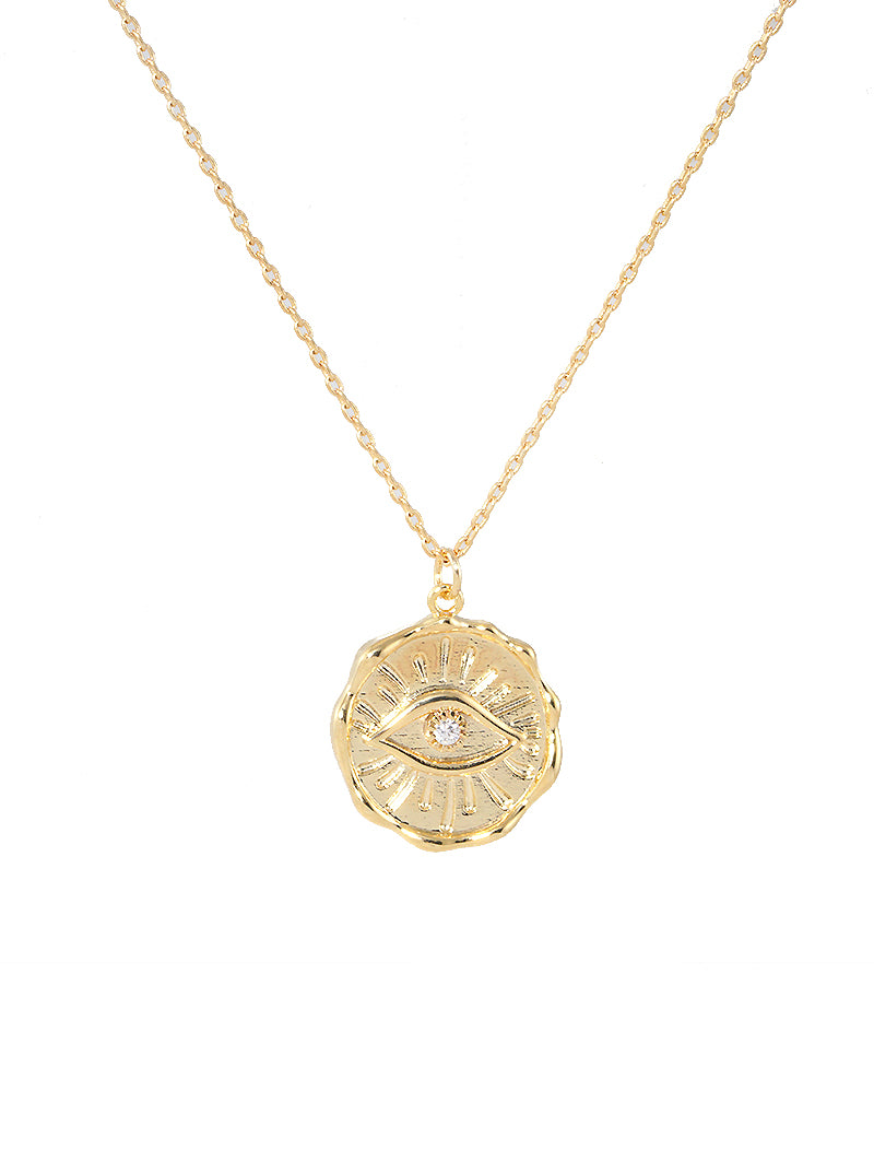 18K Gold Dipped CZ Evil Eye Coin Pendant Necklace
