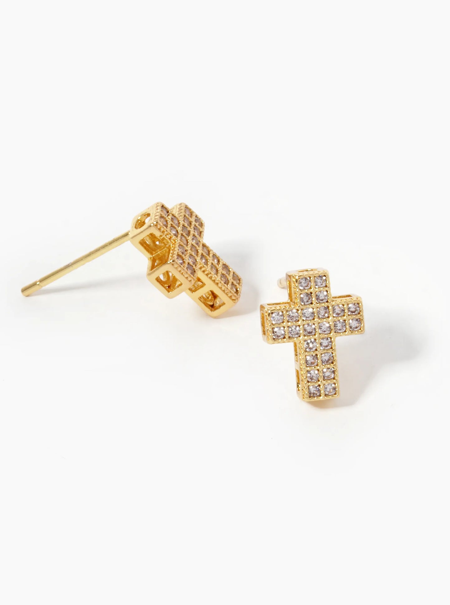 18K Gold Dipped CZ Pave 10mm Cross Stud Earrings