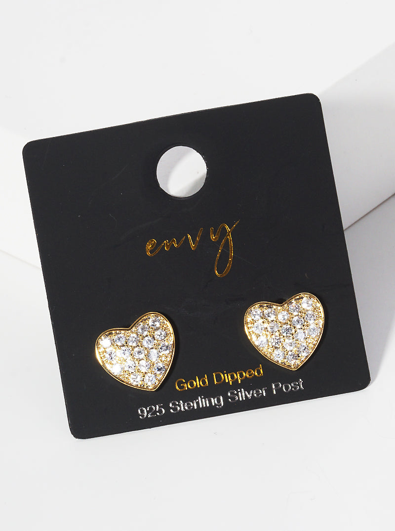 18K Gold Dipped CZ Pave 10mm Heart Sterling Silver Post Stud Earrings