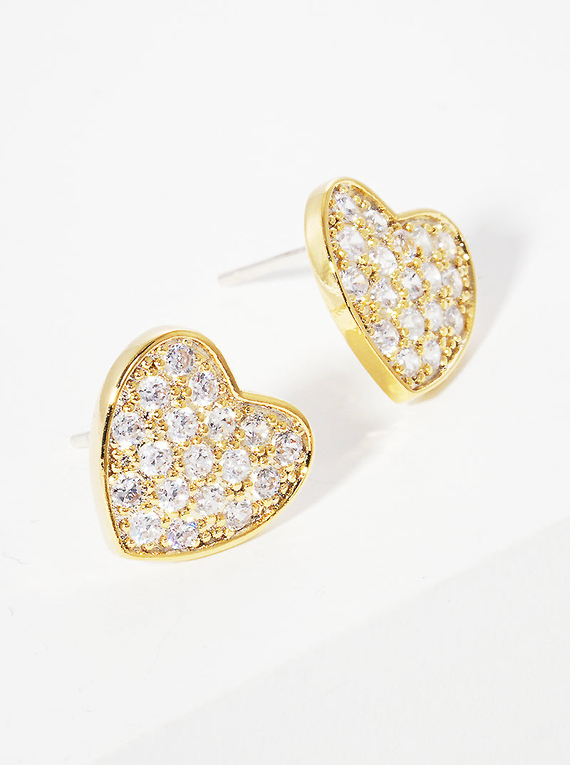 18K Gold Dipped CZ Pave 10mm Heart Sterling Silver Post Stud Earrings