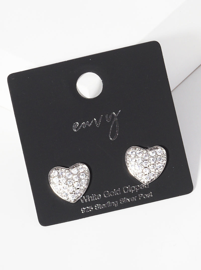 18K Gold Dipped CZ Pave 10mm Heart Sterling Silver Post Stud Earrings