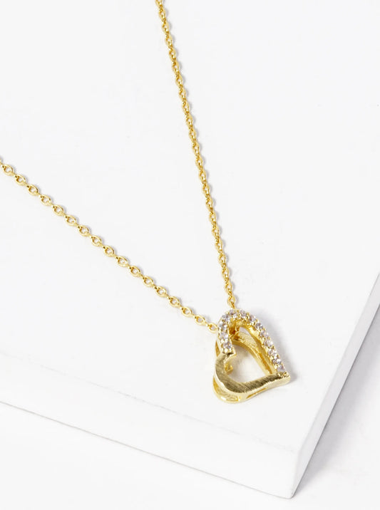 18K Gold Dipped CZ Pave 11mm Sideways Heart Pendant Necklace