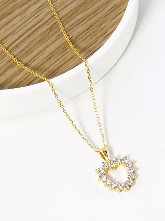 18K Gold Dipped CZ Pave 13mm Heart Pendant Necklace