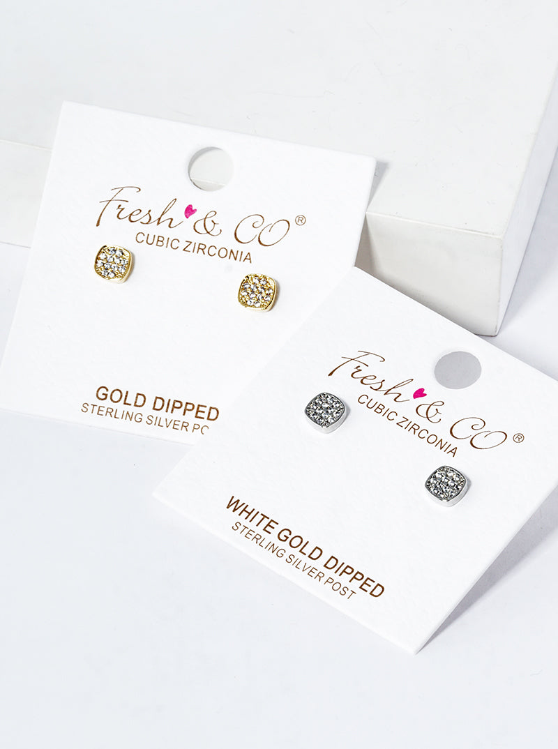 18K Gold Dipped CZ Pave 4mm Square Post Stud Earrings