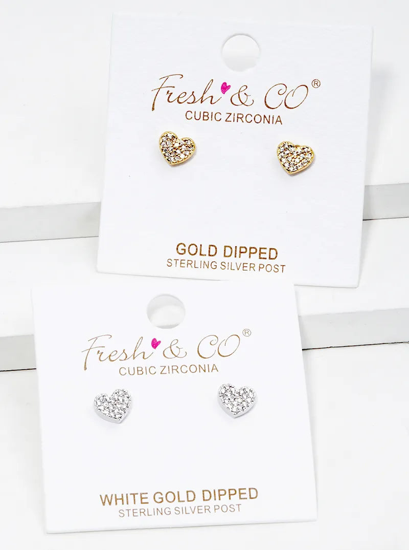 18K Gold Dipped CZ Pave 5mm Heart Post Stud Earrings