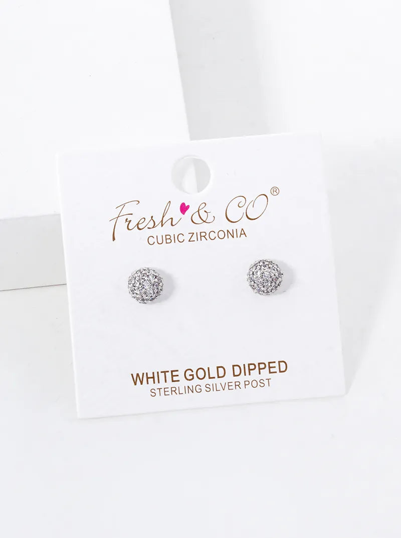 18K Gold Dipped CZ Pave 6mm Hemisphere Stud Earrings