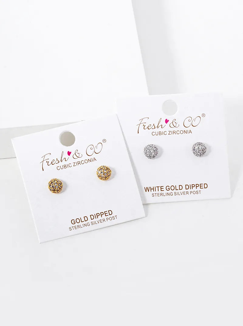 18K Gold Dipped CZ Pave 6mm Hemisphere Stud Earrings