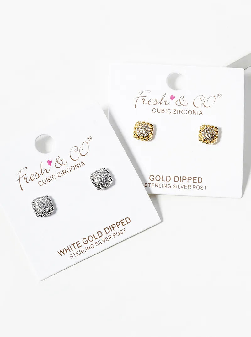 18K Gold Dipped CZ Pave 6mm Square Post Stud Earrings
