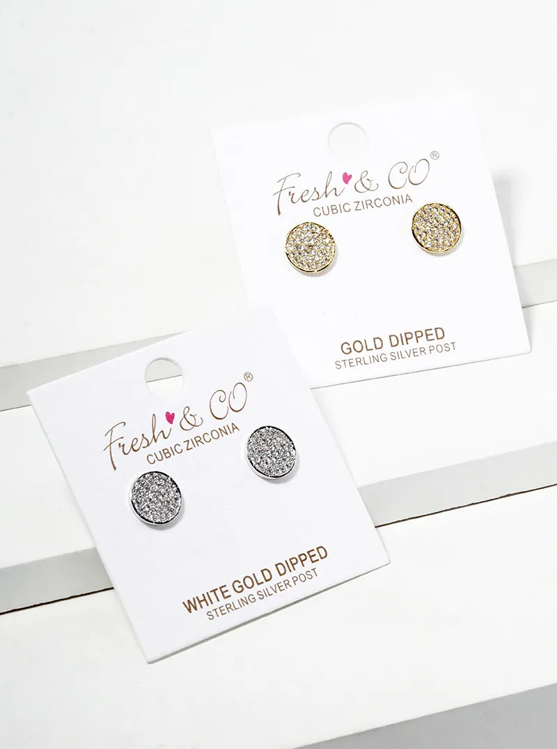 18K Gold Dipped CZ Pave 9mm Round Post Stud Earrings