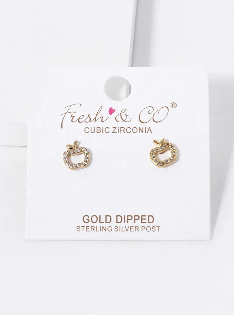 18K-Gold-Dipped CZ Pave Apple Stud Earrings