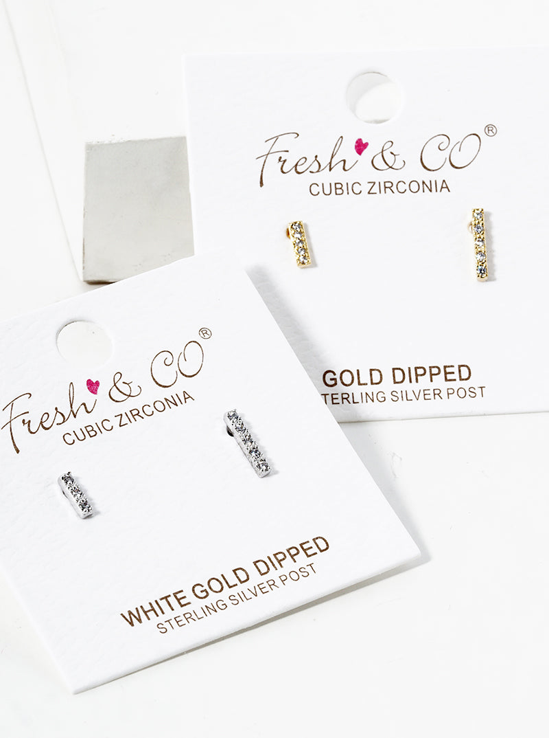 18K-Gold-Dipped CZ Pave Asymmetric Bar Brass Stud Earrings