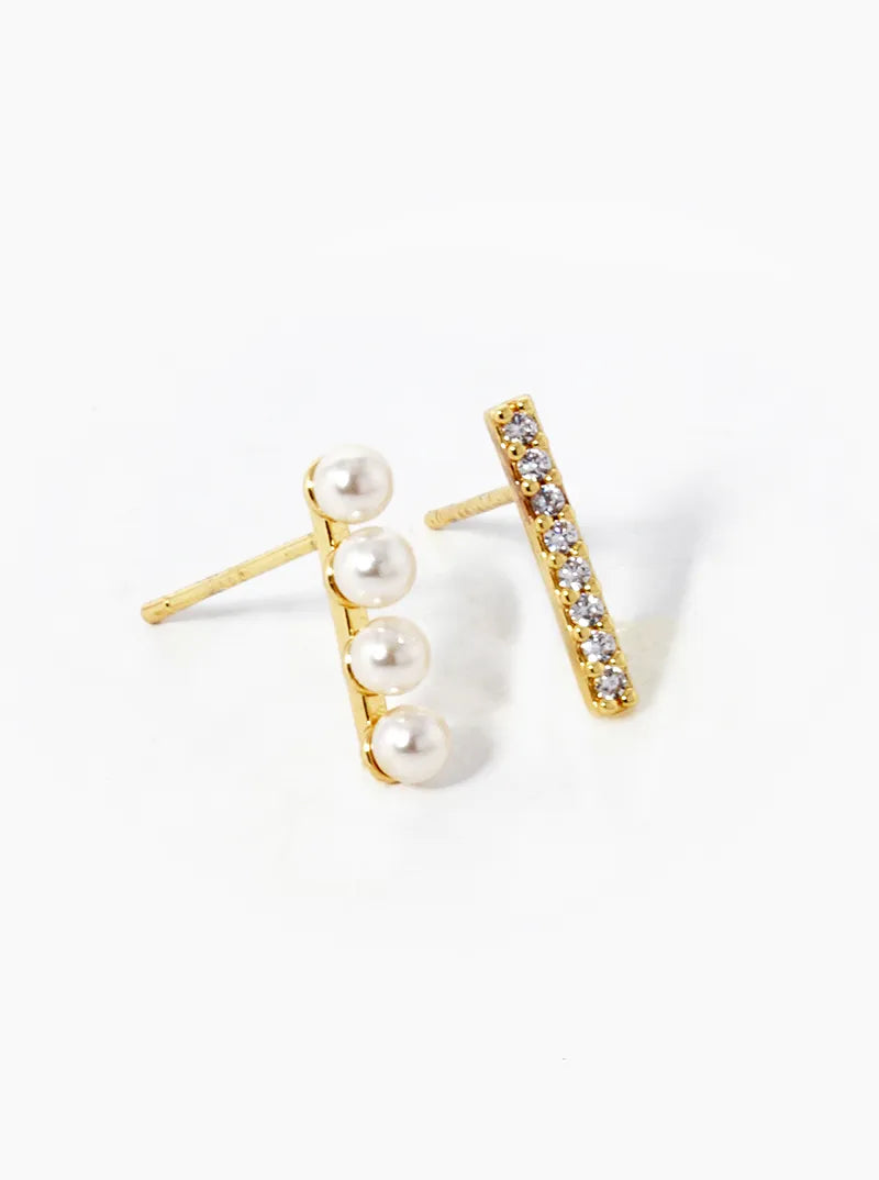 18K-Gold-Dipped CZ Pave Bar Pearl Beaded Bar Stud Earrings