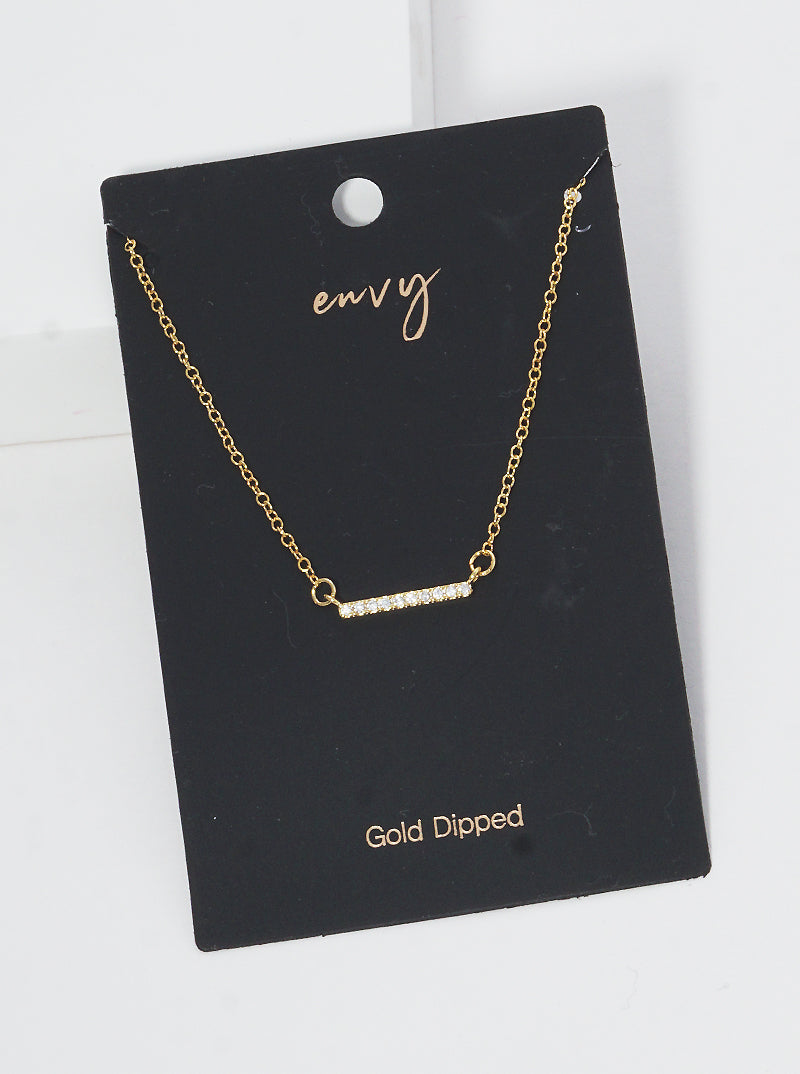 18K Gold Dipped CZ Pave Bar Pendant Delicate Brass Necklace