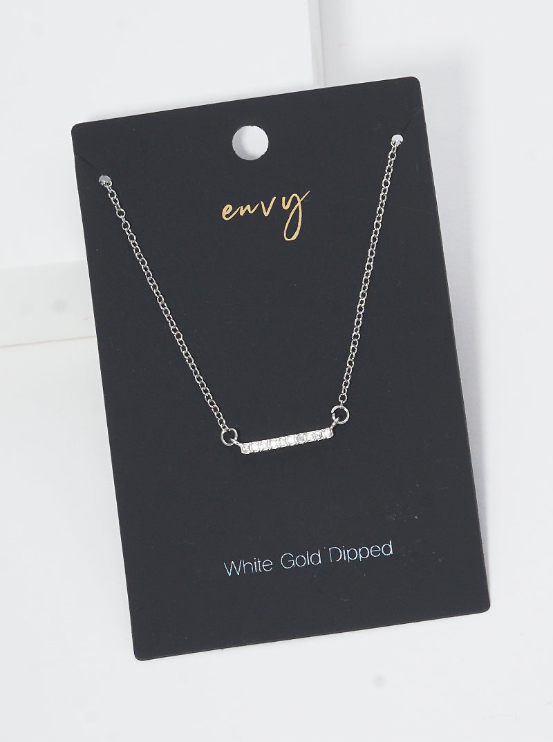 18K Gold Dipped CZ Pave Bar Pendant Delicate Brass Necklace