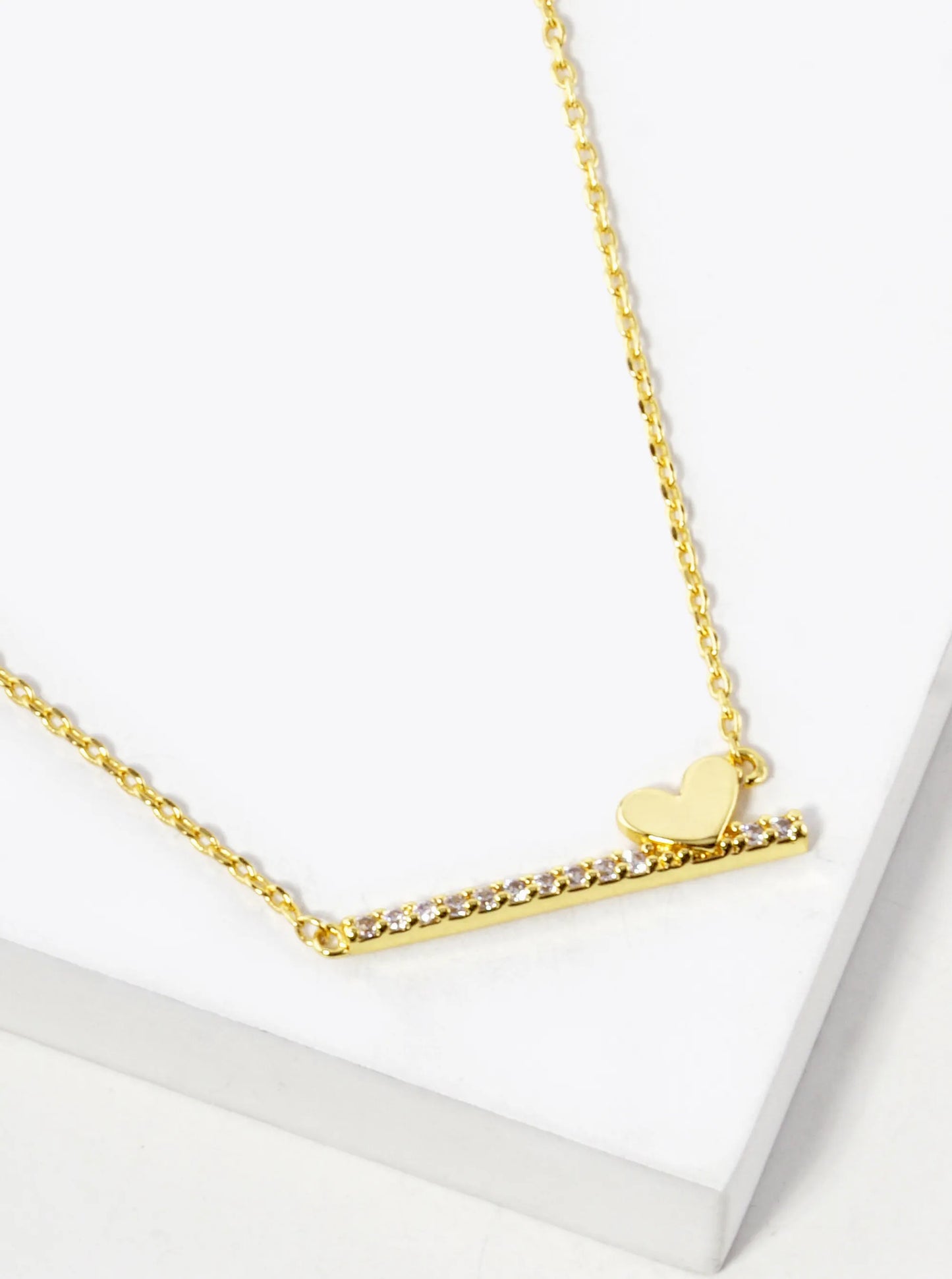 White Gold Dipped CZ Pave Bar With A Heart Pendant Necklace