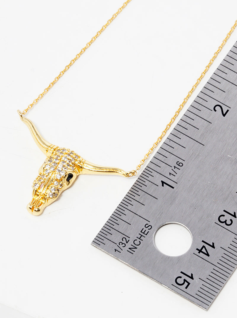 18K Gold Dipped CZ Pave Bull Head Pendant Necklace