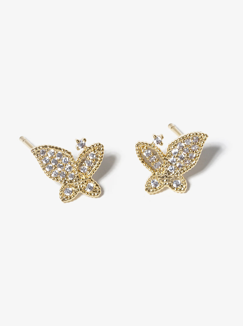 White Gold Dipped CZ Pave Butterfly Stud Earrings