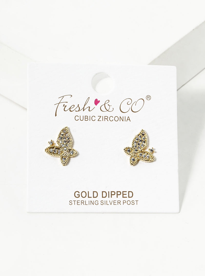White Gold Dipped CZ Pave Butterfly Stud Earrings