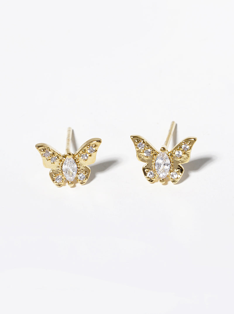 White Gold Dipped CZ Pave Butterfly Stud Earrings