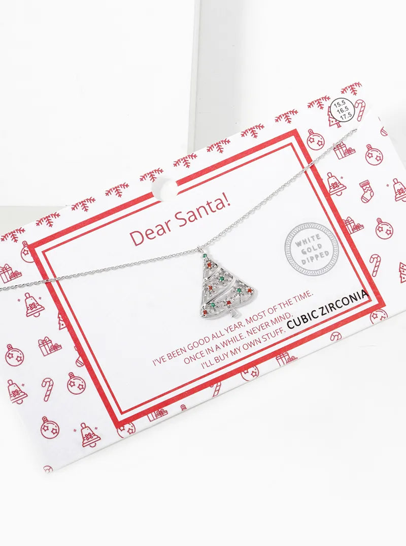 White Gold Dipped CZ Pave Christmas Tree Pendant Necklace