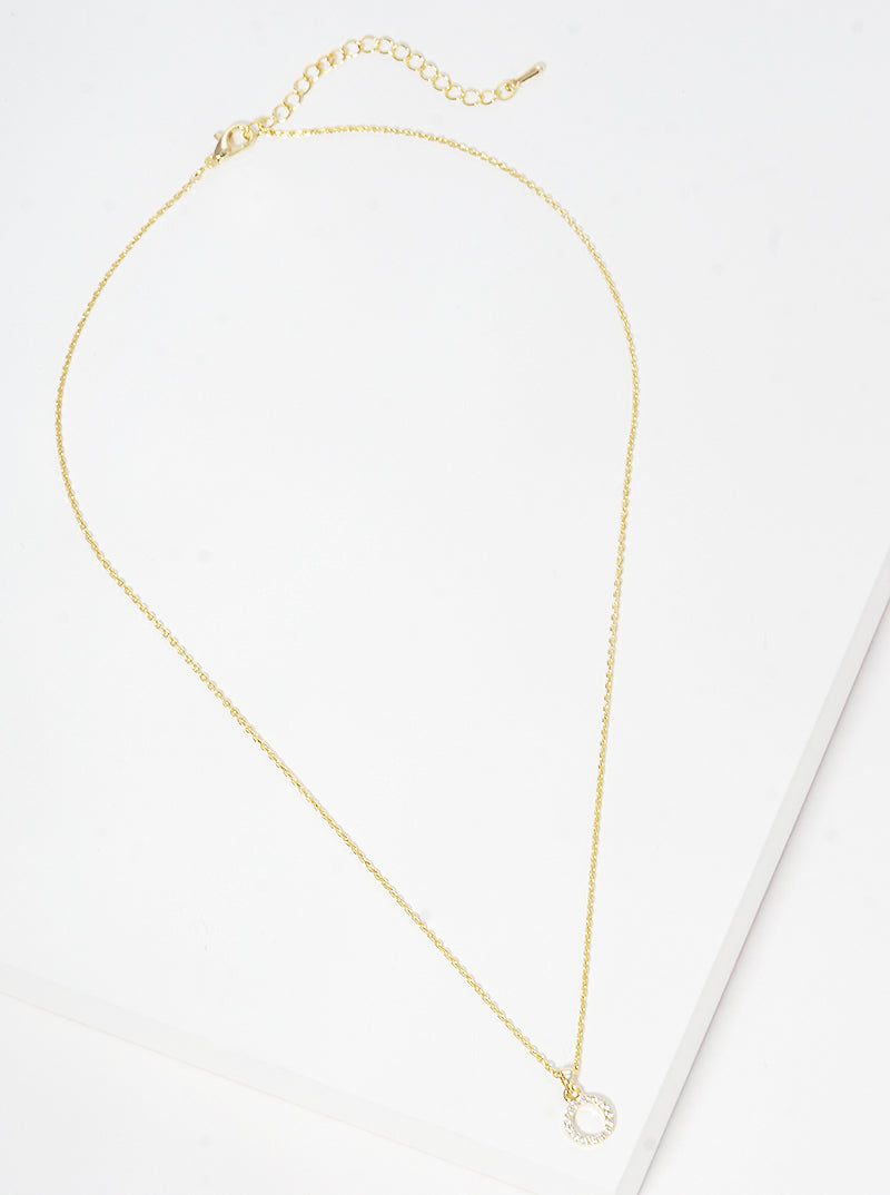 18K Gold Dipped CZ Pave Circle Pendant Delicate Brass Necklace